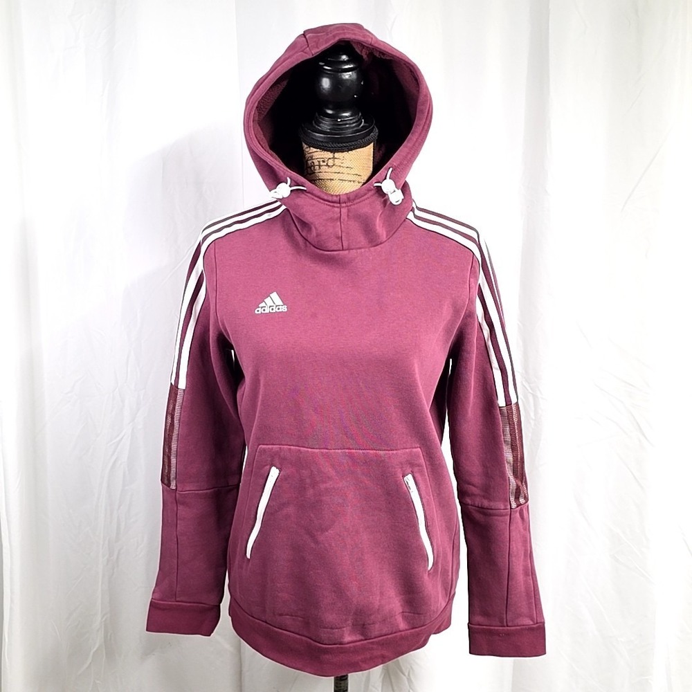 Adidas Womens M Sweatshirt Maroon Scuba Hoodie Fleece Lined Zip Pockets Athletic
